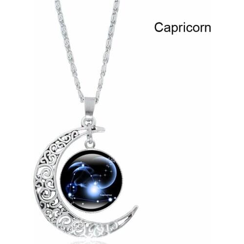 Constellation Moon Necklace Alloy Astrology Galaxy Crescent Moon Pendant Zodiac Star Glass Bead Couple Neck Jewelry HSJ88