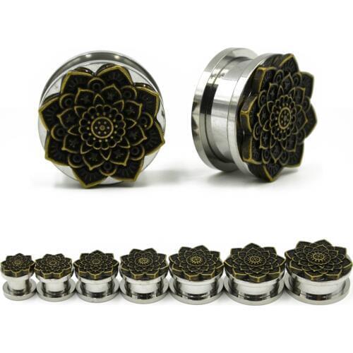 PAIR Vintage Bronze Mandala Flower Ear Gauges Plugs Tunnels Screw Fit Expander Ear Stretched Piercing Fesh Tuunel Body Jewelry