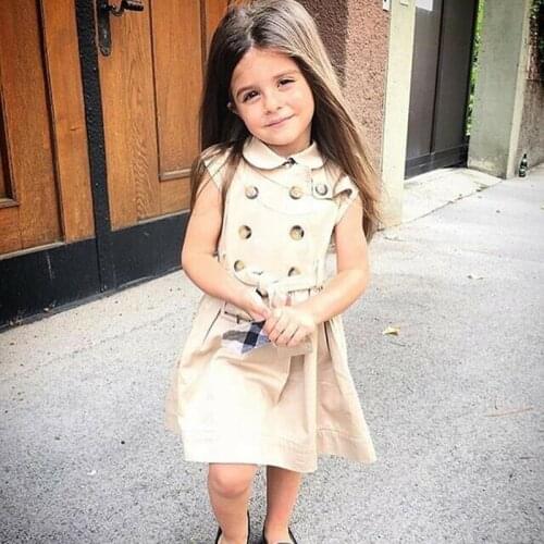 Windbreaker Dress Party Pageant Belt Buckle Princess Dress 1-6Y 2021 Toddler Baby Girls Retro Dress Sleeveless Double-Breasted