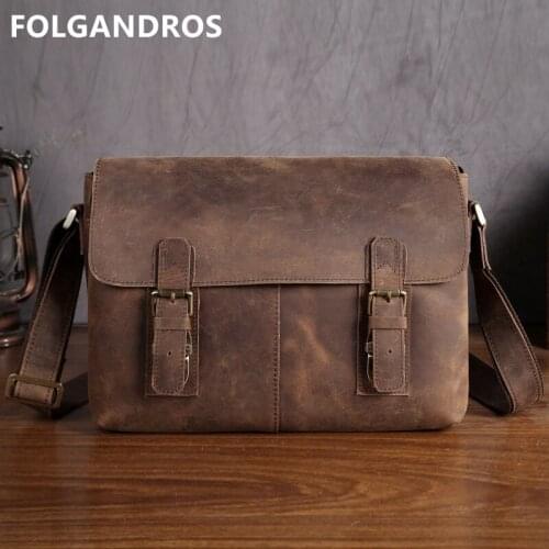 2019 Mens Genuine Leather Messenger Bag Brand Handmade Crazy Horse Leather Shoulder Crossbody Bag Vintage Satchels for Male
