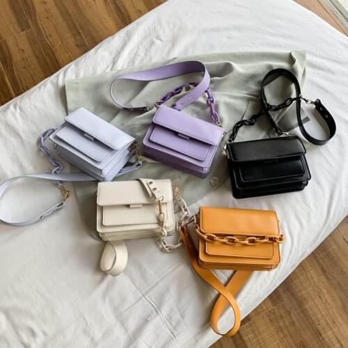 Women Chain Solid Color Small Shoulder Handbag Vintage PU Leather Crossbody Bag Popular Simple Female Daily Bag