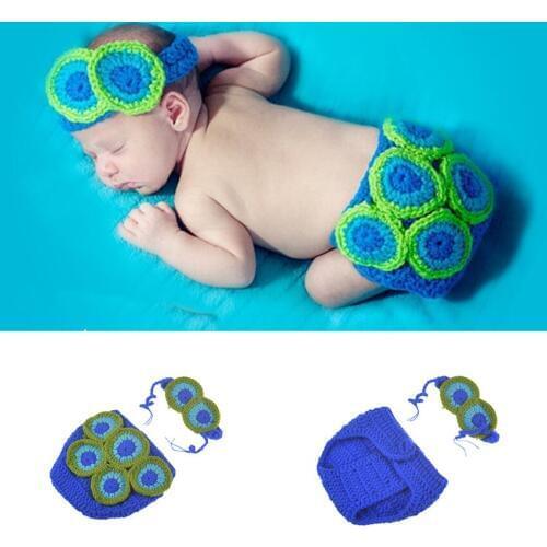 Peacock Baby Crochet Knit Costume Newborn Handmade Headband Infant Diaper Cover Photography Photo Props Baby Photo Set Clothing
