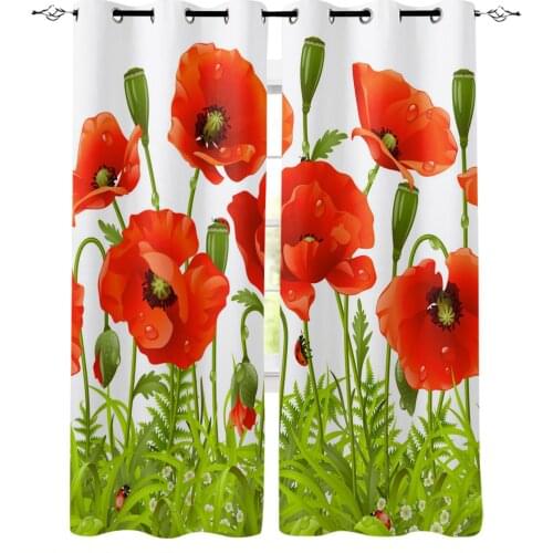 Red Flower Green Leaves Plant White Curtains Drapes For Living Room Blind Kitchen Window Home Decorations Curtain For Bedroom