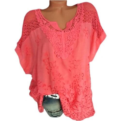 Plus Size Tshirt Women Short Sleeve V Neck Ladies T-shirt Soft Lace Crochet Hollow Summer Casual Tee Shirt Pullover Top