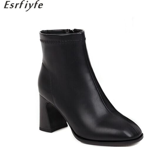 ESRFIYFE Microfiber Leather Ankle Boots Women Autumn Lady High Heels Shoes Woman Fashion Woman Square Toe Zipper Black Boots