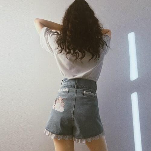 B-TOTO Light Blue Angel Print Denim Shorts Female High Waist Thin A-line Ins Hot Pants Summer Fashion 2021 New