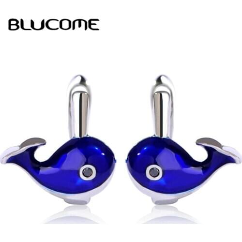 Blucome Cute Blue Dolphin Enamel Stud Earrings Small Copper Rhinestones Earrings For Women Girls Wedding Party Jewelry Ear Pins