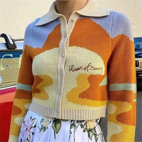 Women Autumn Vintage French Style Sunshine Print Short Knitted Sweater Chic Lady Fashion Single Breasted Loose Cardigans Femme