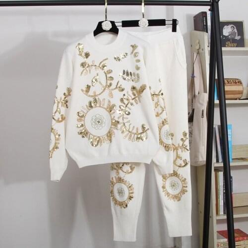 Womens o-neck long sleeve knitted luxury paillette sequined shinny baroque floral pattern sweater top and harem long pants set