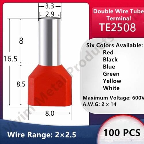 100PCS TE2508 Double Pipe 0.5~6.0² Cold Pressed End Double Wire Tube Shaped Insulated Tubular Terminal