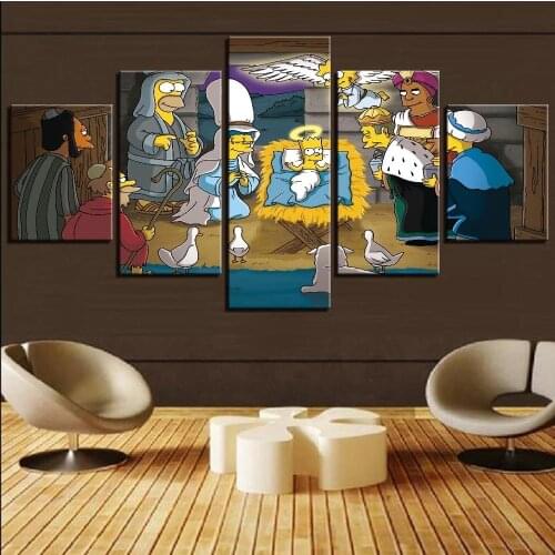 Wall Art Pictures Frame 5 Pieces Simpson Christmas Jesus Anime Character Canvas Painting Home Decor Living Room Hd Prints Poster