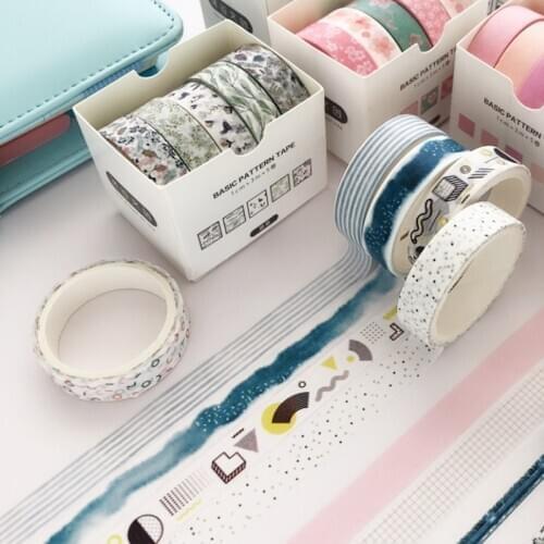 5pcs Basic Pattern Paper Washi Tape Set Pink Blue Color Dots Line Grid Lace 10mm Adhesive Masking Tape Frame Book Stickers F361