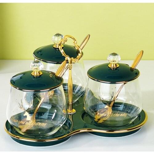 European Style Seasoning Jar Ceramic Seasoning Box Seasoning Bottle Salt MSG Jar Kitchen Household Three-piece Glass with Lid