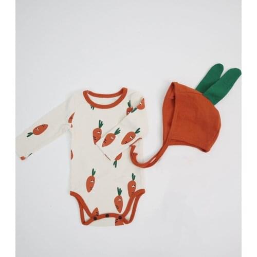 Kids Girls Boys Cartoon Carrot Print Rompers Summer Fashion Toddler Baby Casual Jumpsuits Infant Sweet Clothing With Lovely Hats