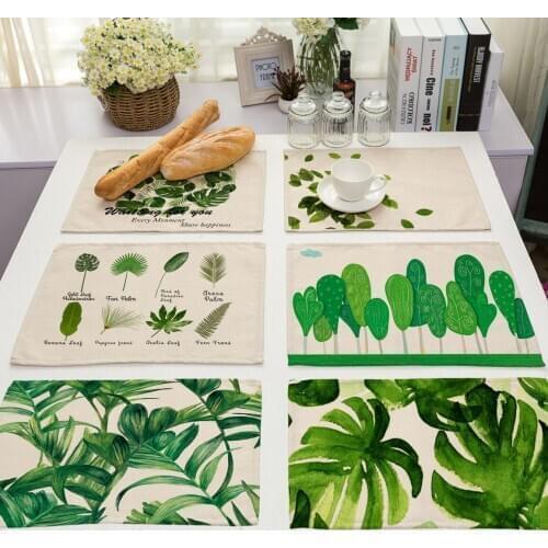 Cotton Linen Table Mat 42x32cm Green Leaves Pad Placemat Insulation Dining Table Mat Bowls Coasters Kitchen