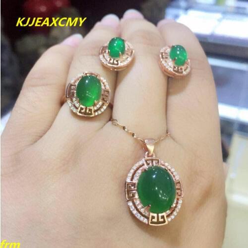 KJJEAXCMY Fine jewelry, 925 sterling silver inlaid Xinjiang Hetian jade green chalcedony ring pendant female models 3 sets