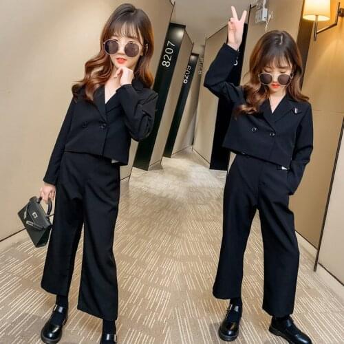 Teenager Girl Clothes suit 2021 Spring Black Kids Clothing Fashion Coat+Pants 2 Pcs Sets High-Grade Casual Outfits 5-14Yrs
