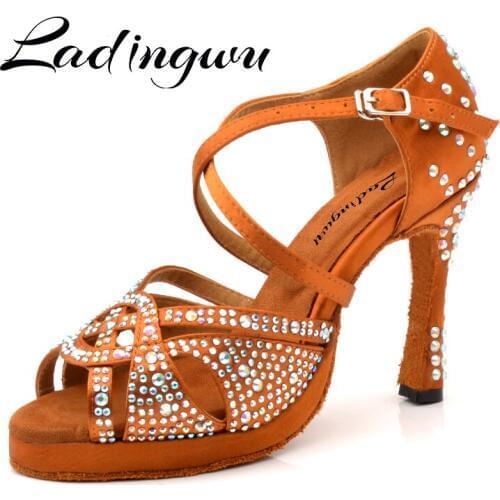 Ladingwu Brand Dance Shoes Latin Platform Salsa Dance Shoes Big Small Rhinestone Ballroom Dancing Shoes Cuba High Heel 10CM