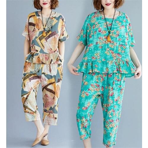 Summer 2 Two Piece Set Plus Size Tracksuit Women Cltohes Casual Loose T-Shirt Top and Capri Pants Suits Female Oversize Outfits