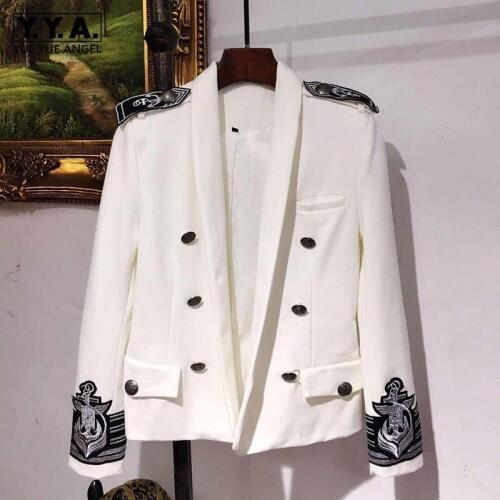 Fashion Mens White Blazer Autumn New Double Breasted Epaulet Embroidery Slim Fit Casual Blazer Jacket Men Groomsman Suit Jacket