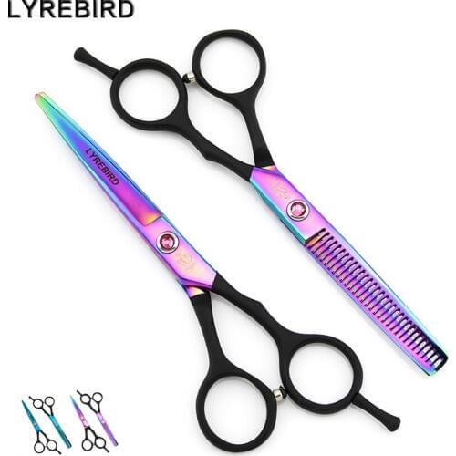Hair scissors set 5.5 INCH Rainbow Blue Japan Hair cutting scissors and Thinning Scissors Black rubber handle Lyrebird NEW