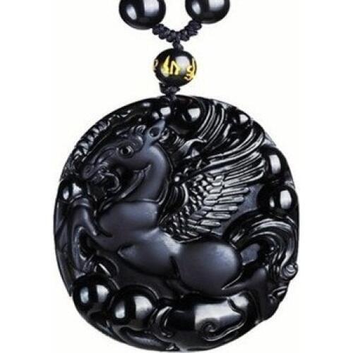 Natural Black Obsidian Beads Necklace Hand-Carved Fly Horse Jade Pendant Charm Amulet Jewelry for Man Women Auspicious Gifts