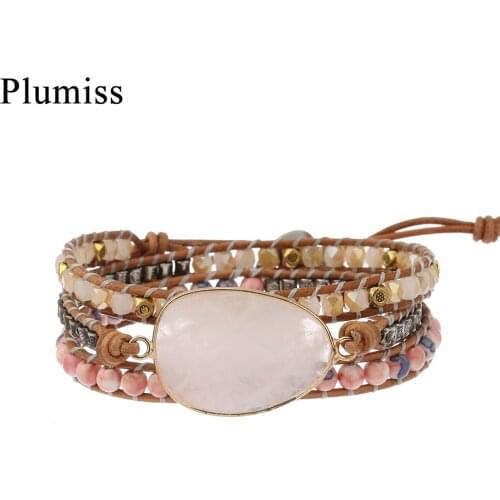 New Exclusive Leather Wrap Bracelets Natural Stone Rose Quartzs 3 Strands Bracelet for Women Beads Bracelets Femme Dropshipping