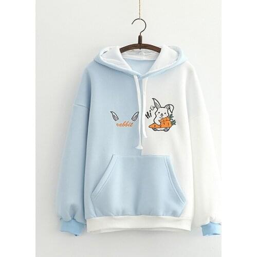 Autumn Winter Sweet Warm Sweatshirts Women Hooded Drop Shoulder Cartoon Rabbit Embroidery Fleece Cute Loose Hoodies for Student