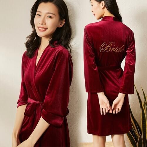Autumn/Winter BrideS Morning Gown Golden Velvet Nightgown Cardigan Bridesmaid Maid Of Honor Lady Wedding Red Makeup Пижам