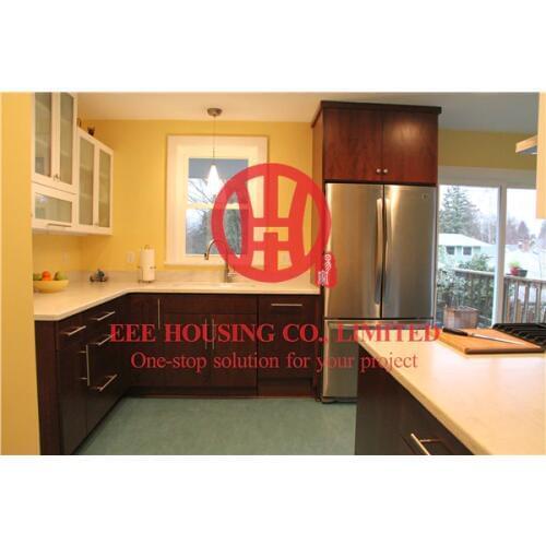 Customized modern laminated wood grain color kitchen cabinet with excellent design and quality MOQ is 1 set & sipping by sea