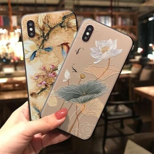 Chic Lotus Flower Phone Case for iPhone 11 12ProMax XS MAX XR X Coque Bird Embossed Back Cover for iPhone 8 7 6s 6 Plus