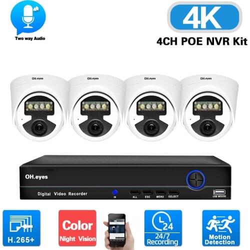 Full Color Night Vision CCTV Camera System 4K POE NVR Kit 4CH Outdoor POE Security Dome Camera Set 8MP IP Video Surveillance Kit