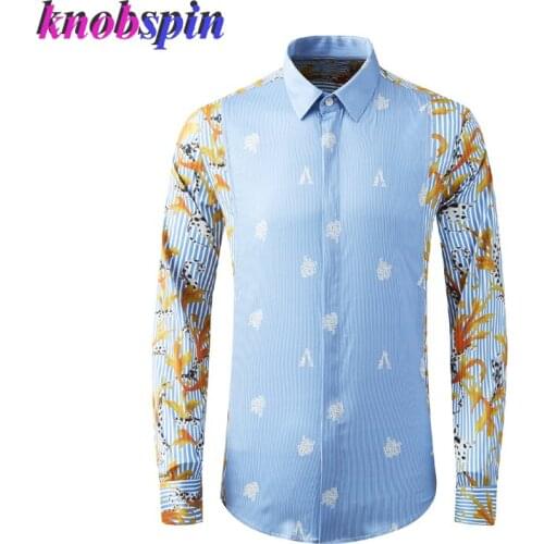High-end Cotton Stripe Male Shirts Luxury Long Sleeve Flowers Printed Casual Mens Dress Shirts Fashion Slim Fit Party Man Shirts
