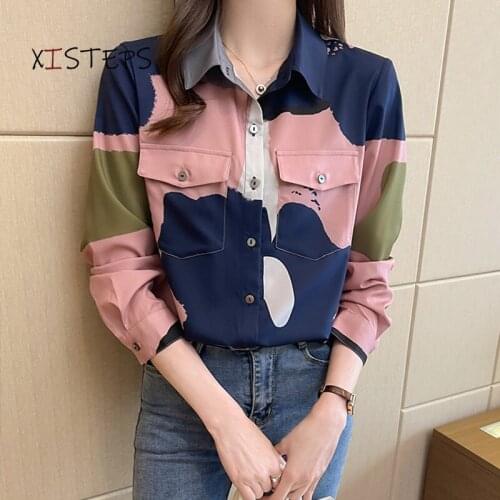 Loose Fashion Women Chiffon Shirts Long Sleeve Ladies Work Wear Blouses Single Breasted Printed Female Tops Office Lady Clothing
