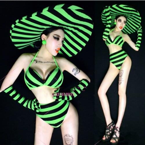 DJ Nightclub Women Singer Sexy DS Costume Fluorescent Yellow Striped Bikini Big Hat Stage Outfit Dance Team Performance Clothes
