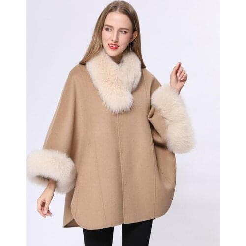 Janefur Cashmere Real Fur Coat Winter Wool Blends Jacket Women Fox Fur Collar Cape Streetwear