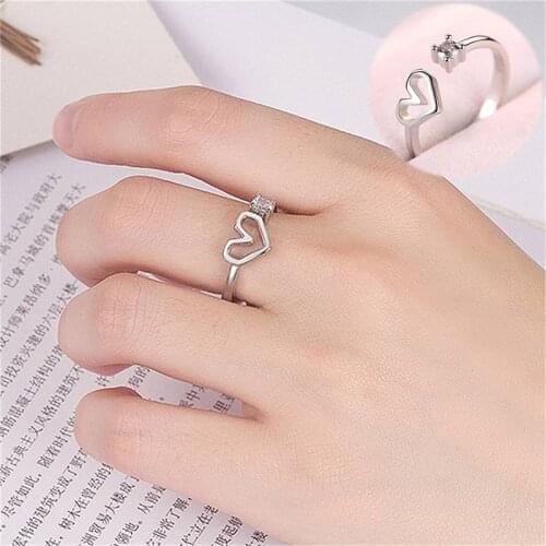 Ring Ladies Adjustable Jewellery Mode Open Crystal Heart Womens Silver Color Plated