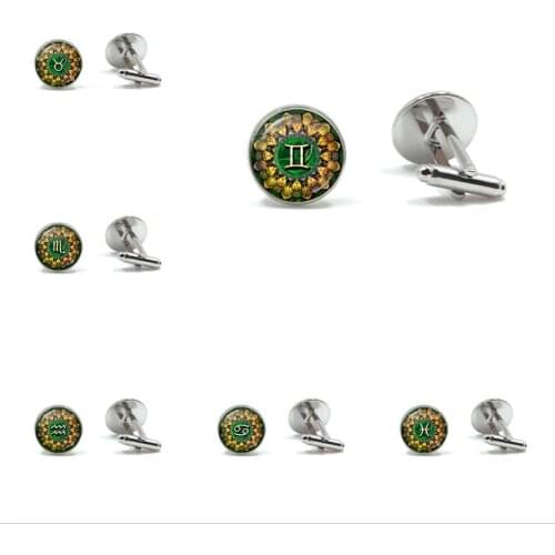 12 Constellations Charm Mandala Cufflinks for Men Cufflink Set Glass Jewelry Wedding Zodiac Signs Suit Shirt Cuff Links Man Gift