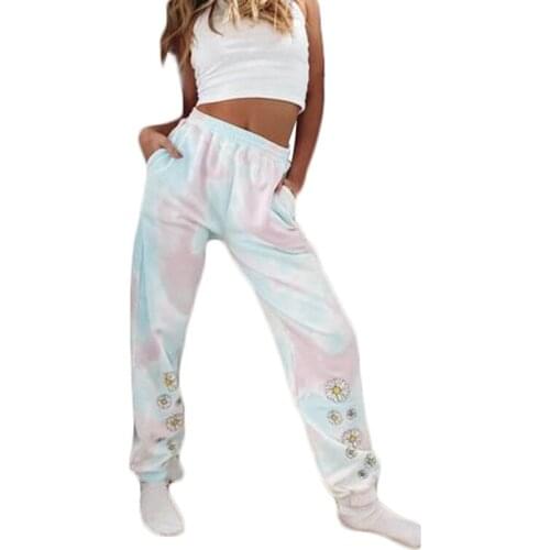 2021 Womens Tie Dyed and Printed High Waist Casual Slacks White Pink Trouser Pencil Pants
