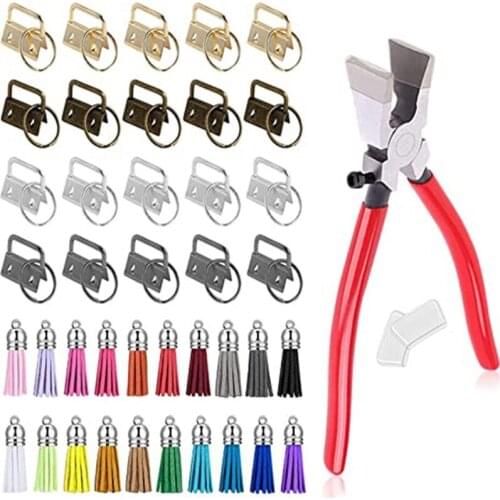 61 Pcs Key Fob Hardware Set with Pliers Leather Tassels for Wristlet Clamp Key Lanyard Key Chain Making Supplies