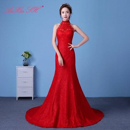 AXJFU princess red lace halter mermaid wedding dress vintage flower white lace sleeveless trumpet wedding dress