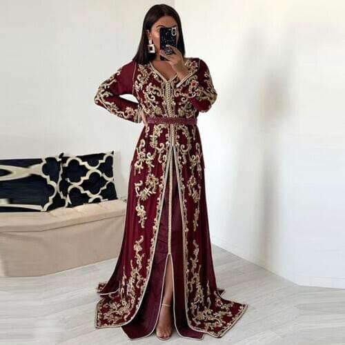 Burgundy Muslim Robe Evening Dresses Long Sleeves Appliques Islamic Dubai Saudi Arabic Moroccan Kaftan Long Prom Dress