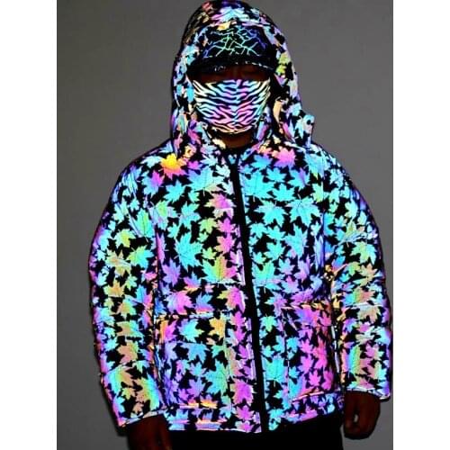 SEVEYFAN Mens Male Leaf 3M Reflective Down Cotton Jacket Multi Pockets Winter Thick Warm Hooded Coat Parka for Couple