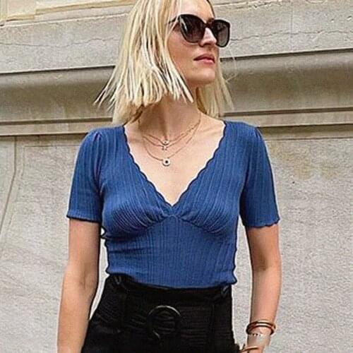 Fancy Knitting Mesh Femme Elegant Encolure V Puff Sleeved knit Chic T Shirt Pull Fancy Maille à manches courtes 2021 Retro Hauts