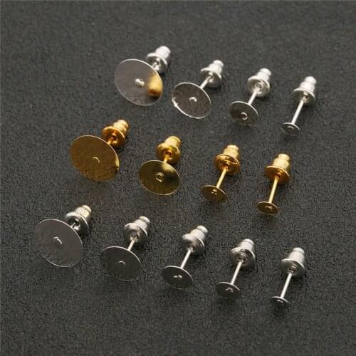 100pcs Iron Gold Silver Color Blank Base Earring Settings With Earring Back Fit 4/5/6/8/10mm Cabochon Cameo For Jewelry Making