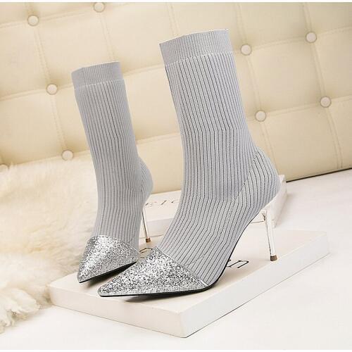 Bling bling pointed toe chelsea boots women stretch knitted socks botas thin high heels slim mid-calf botines slip on femme 2019
