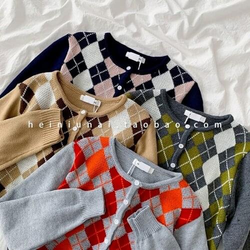 Spring Autumn Argyle Cropped Sweater Women Retro Single-breasted Button Up Lazy Knitted Cardigan Female Y2k Short Coat Sweater