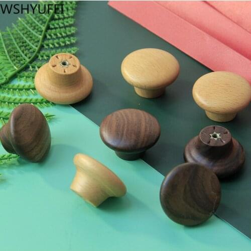 WSHYUFEI 2 pcs/set Natural Wood Cabinet Drawer Pull Cupboard Handles With Screws Wardrobe Beech Round single hole Door Knobs