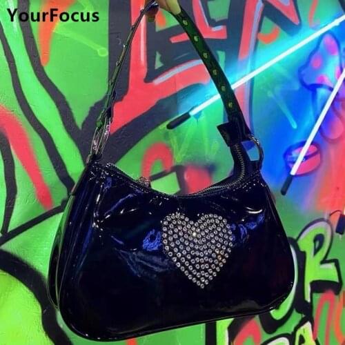 Y2k Kawaii Cute Baguette Underarm Designer Bag Heart Rhinestone Rivet PU Leather Punk Black Handbags For Women Top Handle Bags
