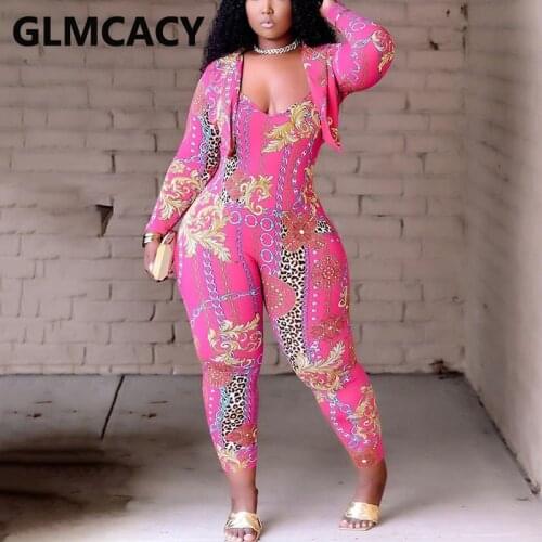 Two Pieces Sets Women Chain Printed Long Sleeve Top & Spaghetti Strap Bodycon Jumpsuits